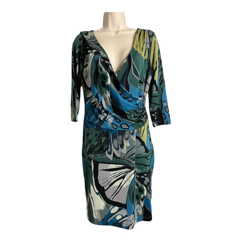 Allison Brittney Dress Women's M Multicolor Abstract Print Surplice Neck M Y2K